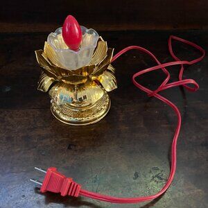 Chinese Lotus Gold Plastic Candle Lamp w/ Red Bulb & red electrical cord